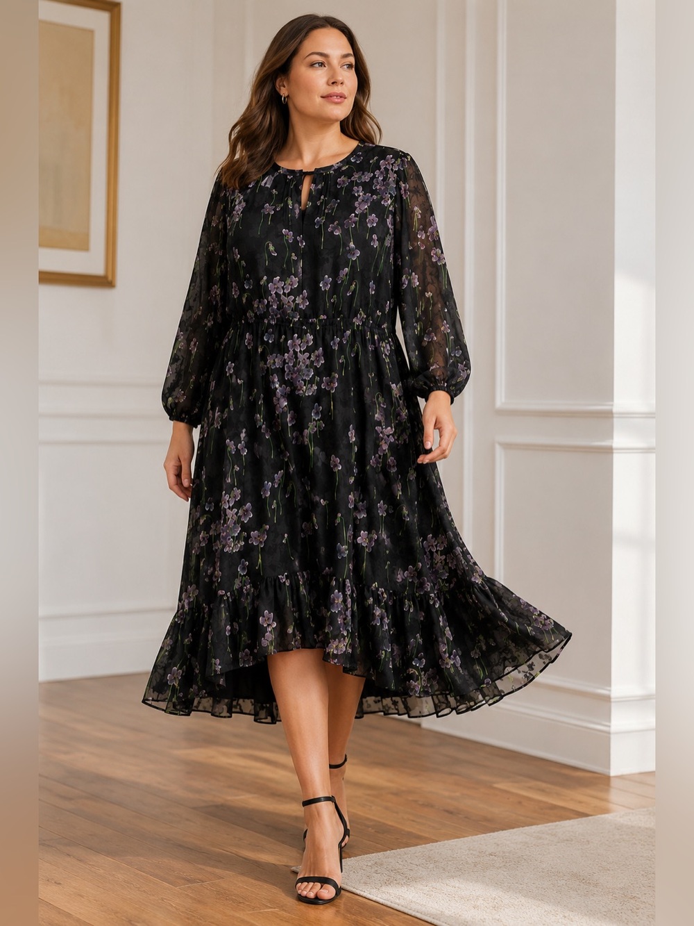 Lauren Ralph Lauren Dress 20W Black Purple Floral Jacquard Chiffon Midi Tiered